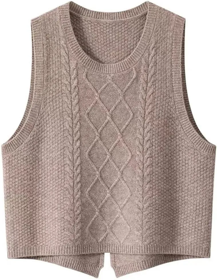 100% Cashmere Women's Solid Knitted Sweater Vest Short Sleeveless Pullover Sweater Slit Back (Gray XL)