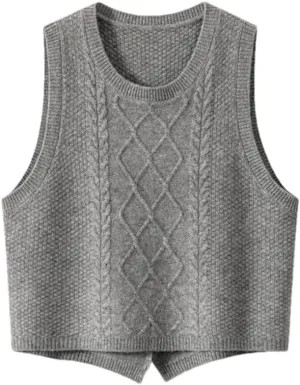 100% Cashmere Women's Solid Knitted Sweater Vest Short Sleeveless Pullover Sweater Slit Back (Gray XL)