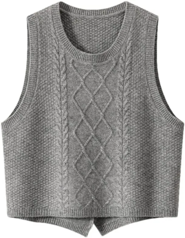 100% Cashmere Women's Solid Knitted Sweater Vest Short Sleeveless Pullover Sweater Slit Back (Gray XL)