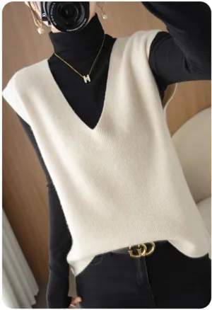 Autumn Winter Women Knitted Cashmere Sweater Vest, Loose Sleeveless V-Neck Knit Sweater Pullover Vest