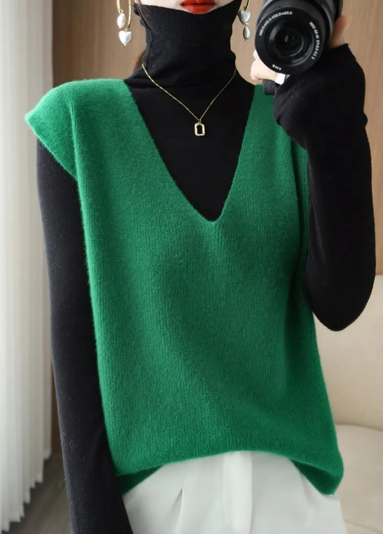 Autumn Winter Women Knitted Cashmere Sweater Vest, Loose Sleeveless V-Neck Knit Sweater Pullover Vest