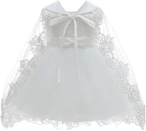 Baby Girls Christening Baptism Dress Satin Tulle Gown with Lace Cape for Flower Girl and Birthday