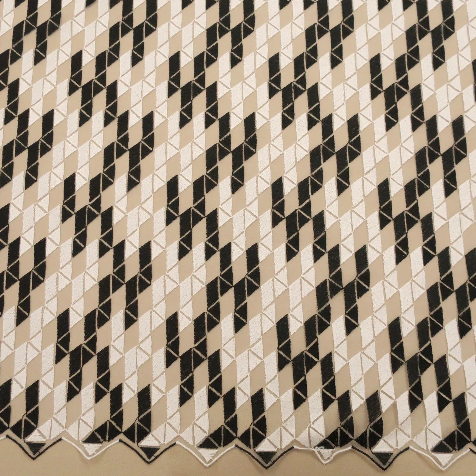 Black Tulle with White and Black Geometric Pattern Embroidered Fabric
