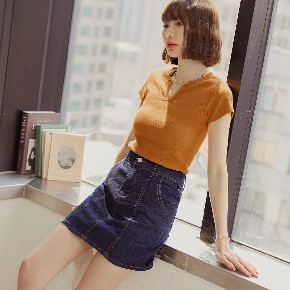 Casual Basic Solid Many Colors V-Neck Fitted T-Shirt Top