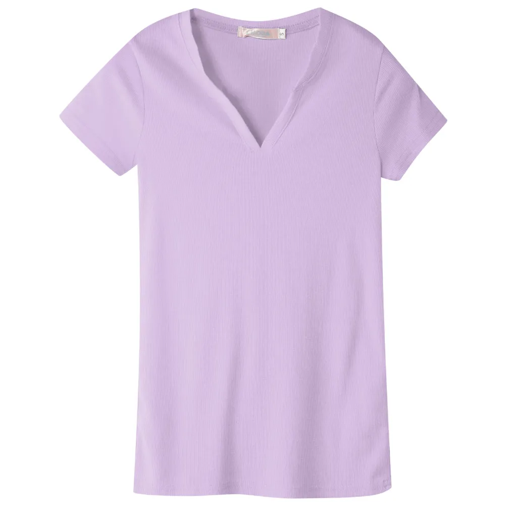 Casual Basic Solid Many Colors V-Neck Fitted T-Shirt Top