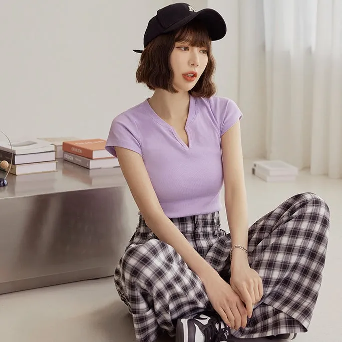 Casual Basic Solid Many Colors V-Neck Fitted T-Shirt Top