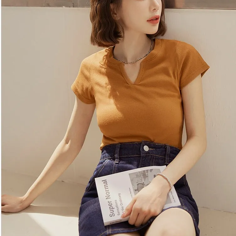 Casual Basic Solid Many Colors V-Neck Fitted T-Shirt Top