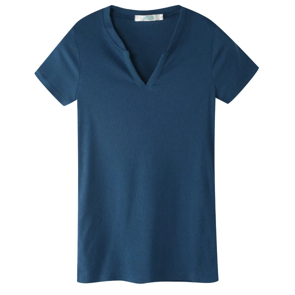 Casual Basic Solid Many Colors V-Neck Fitted T-Shirt Top