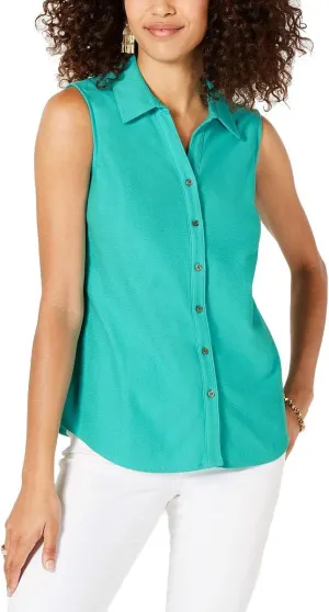 Charter Club Womens Petite Cotton Shirt (Turquoise Stone, 10 Petite) (Turquoise Stone, 10 Petite)