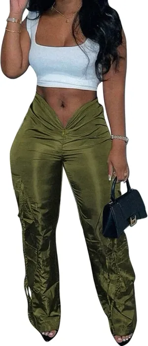 CHARTOU Women Casual Wet Look Lounge Cargo Pants Elastic Waist Long Trousers Slacks Multi Pocket Straight Leg