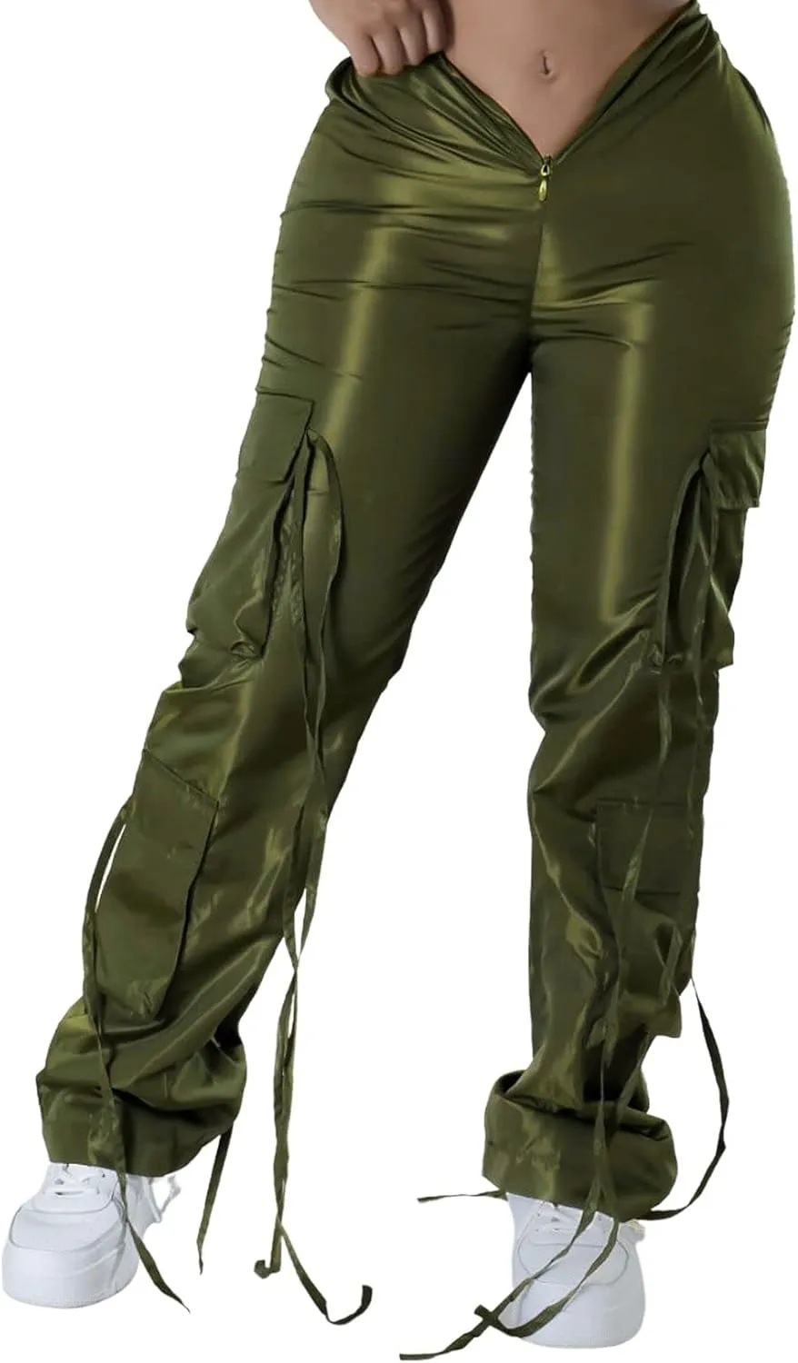 CHARTOU Women Casual Wet Look Lounge Cargo Pants Elastic Waist Long Trousers Slacks Multi Pocket Straight Leg