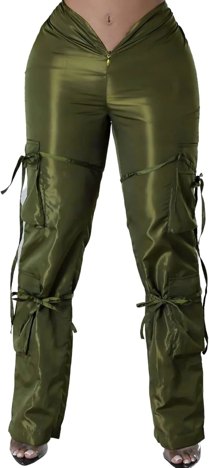 CHARTOU Women Casual Wet Look Lounge Cargo Pants Elastic Waist Long Trousers Slacks Multi Pocket Straight Leg