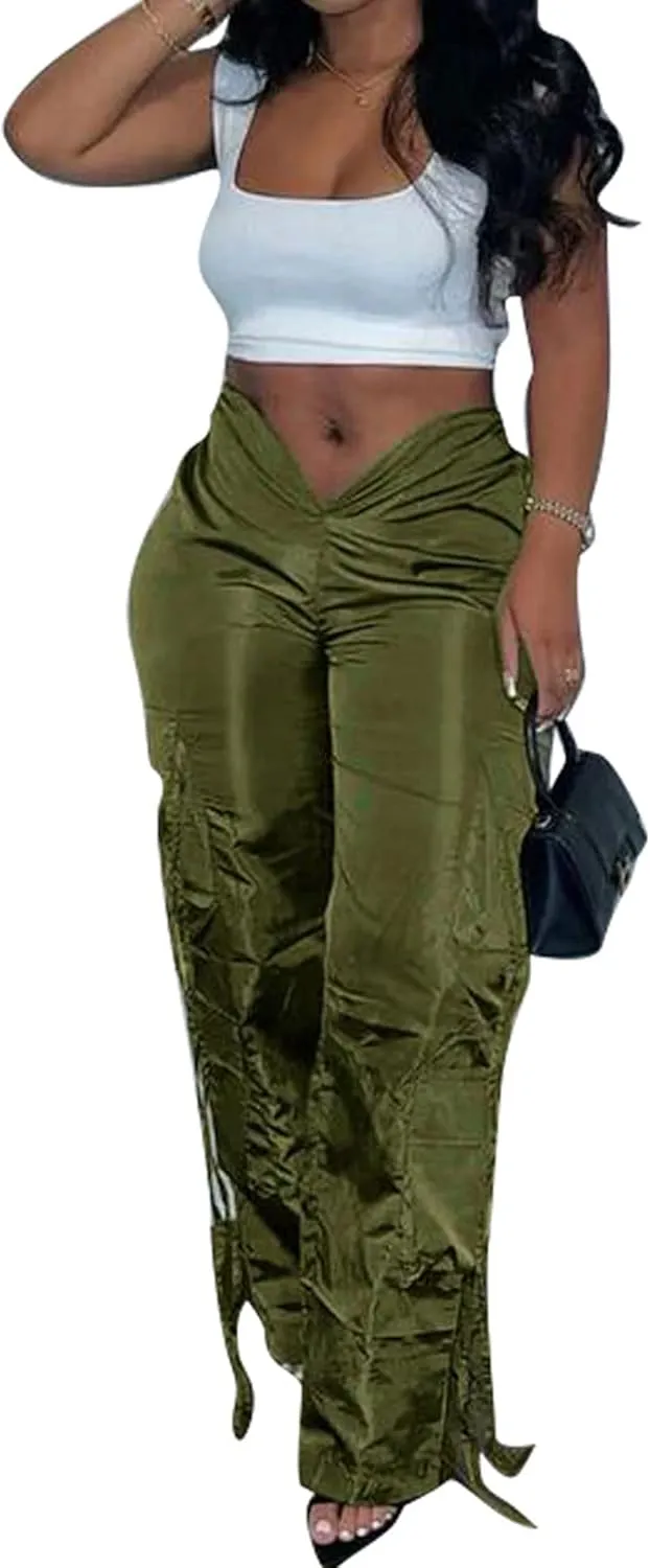 CHARTOU Women Casual Wet Look Lounge Cargo Pants Elastic Waist Long Trousers Slacks Multi Pocket Straight Leg