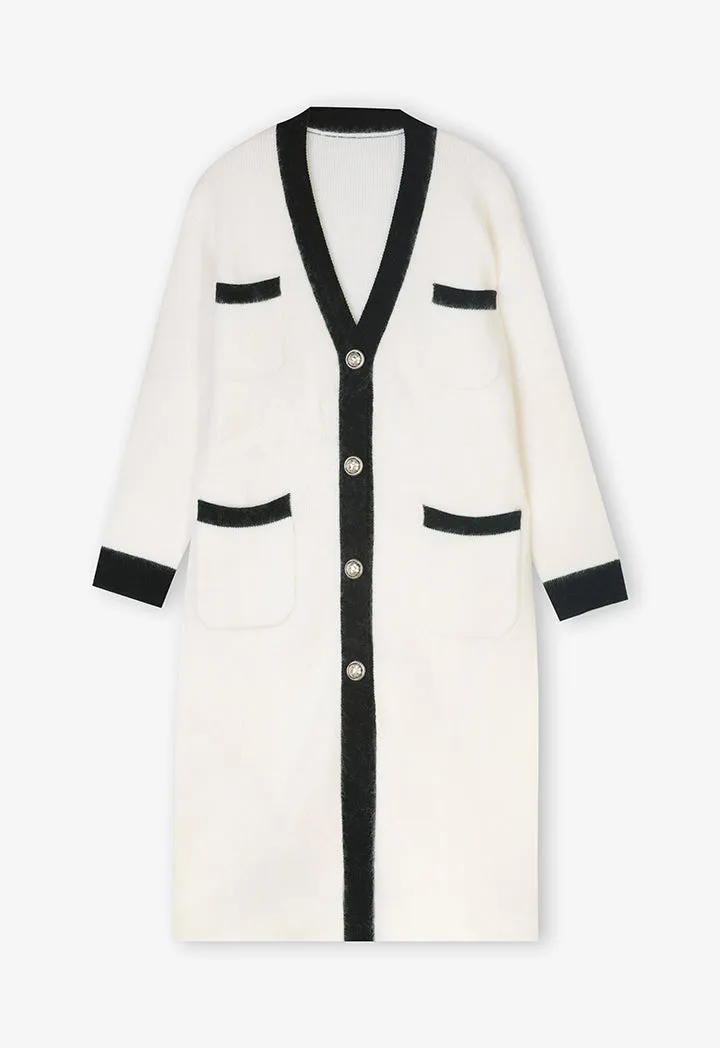 Choice Contrast Knitted Long Sleeve Cardigan Cream