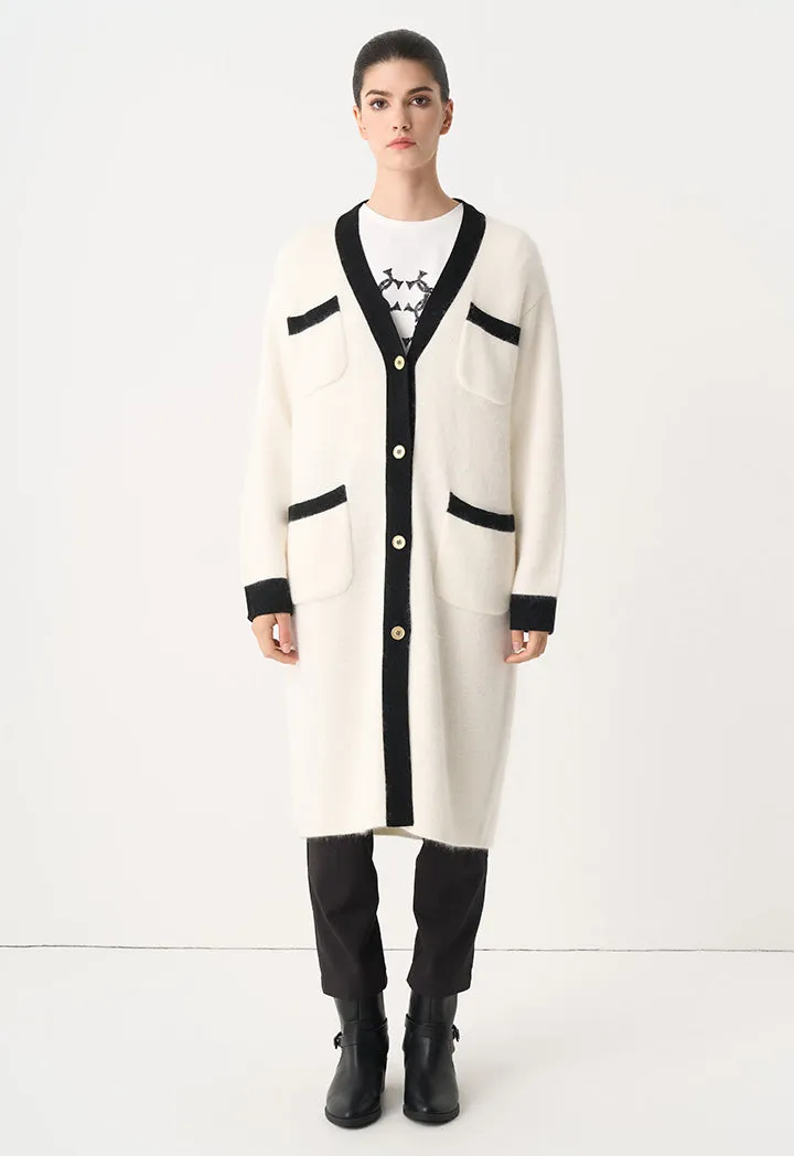 Choice Contrast Knitted Long Sleeve Cardigan Cream