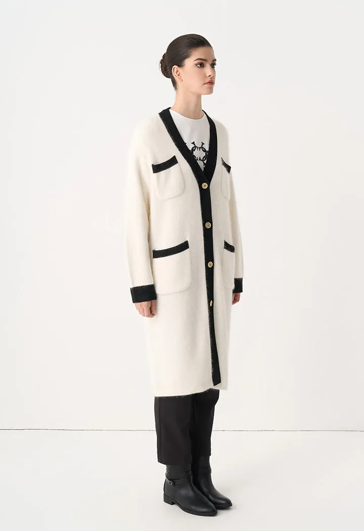 Choice Contrast Knitted Long Sleeve Cardigan Cream