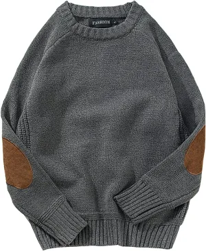 CORIRESHA Winter Vintage Men's Sweater Crew Neck Elbow Patch Thick Knit Sweater