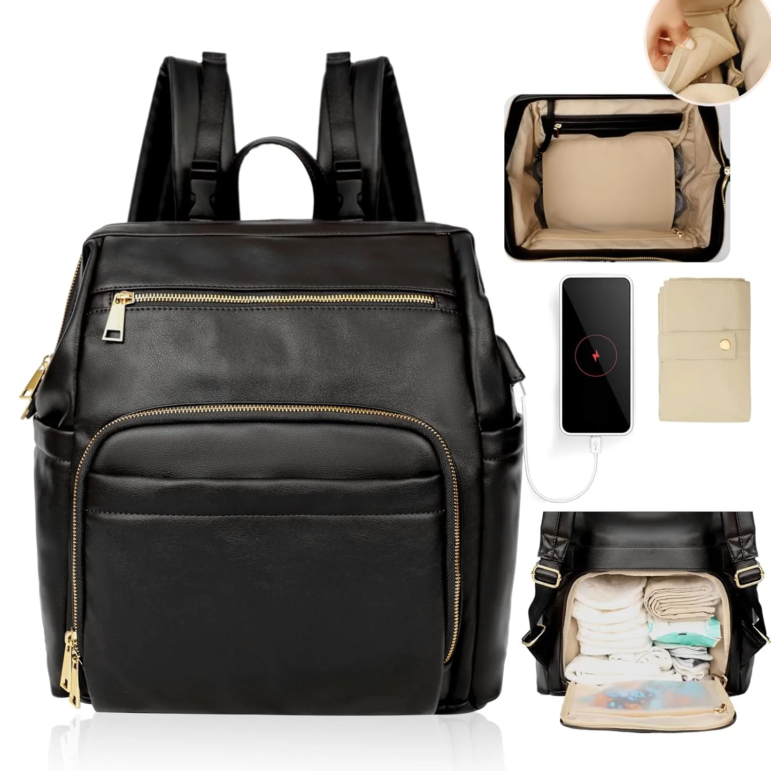 Diaper Bag Backpack Leather Large Baby Diaper Bag Essentials With 18 Organizing Pockets,6 Insulated Pockets,USB Charging Port,Stroller Straps,Changing Pad (Black)
