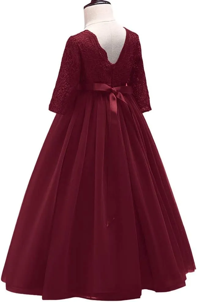 Flower Girls 3/4 Sleeve Deep V-Back Tulle Vintage Lace Wedding Party Long Dress Princess Communion Pageant Maxi Gown