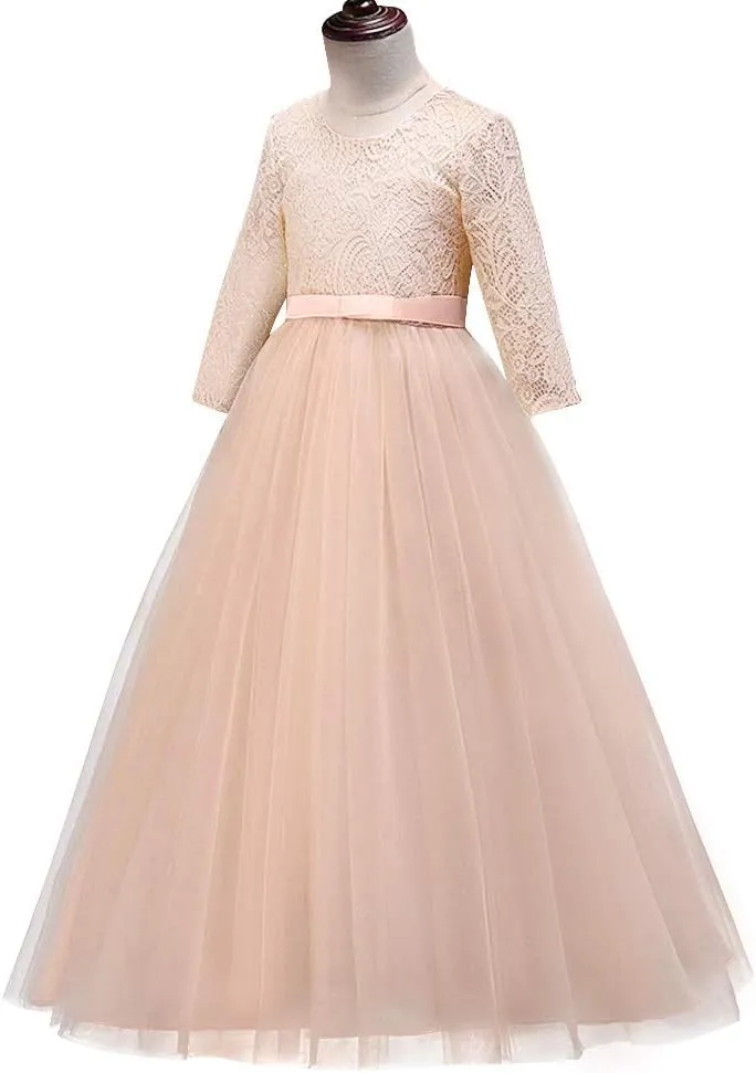 Flower Girls 3/4 Sleeve Deep V-Back Tulle Vintage Lace Wedding Party Long Dress Princess Communion Pageant Maxi Gown