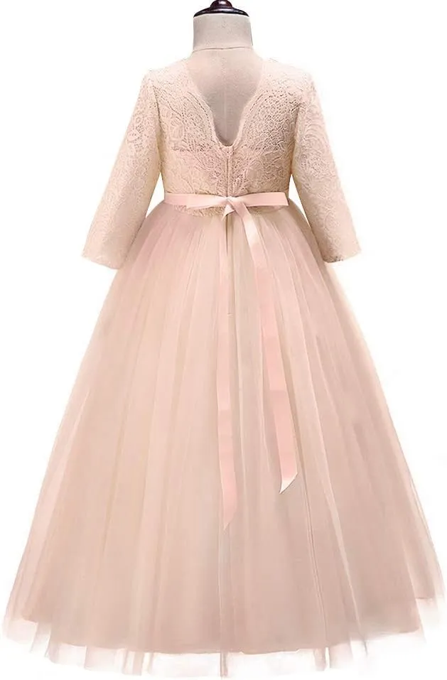 Flower Girls 3/4 Sleeve Deep V-Back Tulle Vintage Lace Wedding Party Long Dress Princess Communion Pageant Maxi Gown