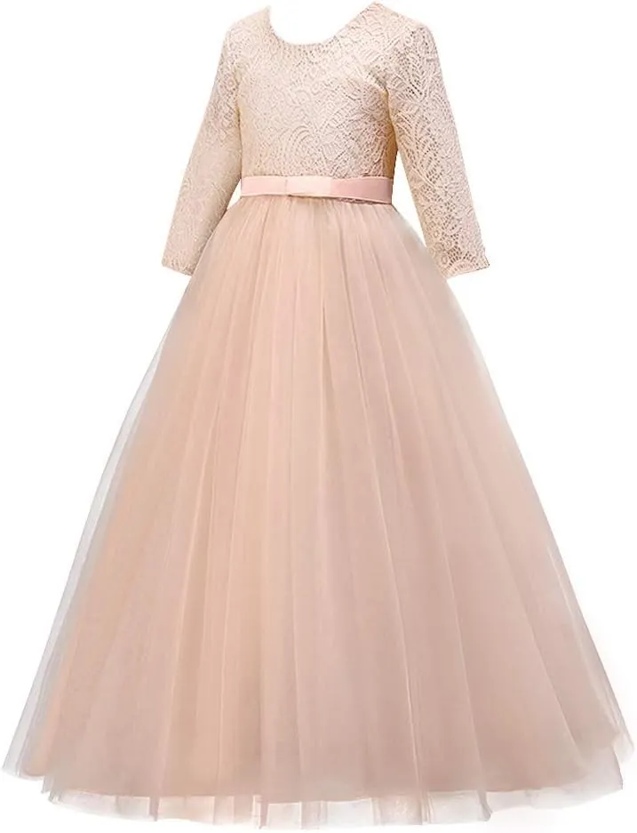 Flower Girls 3/4 Sleeve Deep V-Back Tulle Vintage Lace Wedding Party Long Dress Princess Communion Pageant Maxi Gown