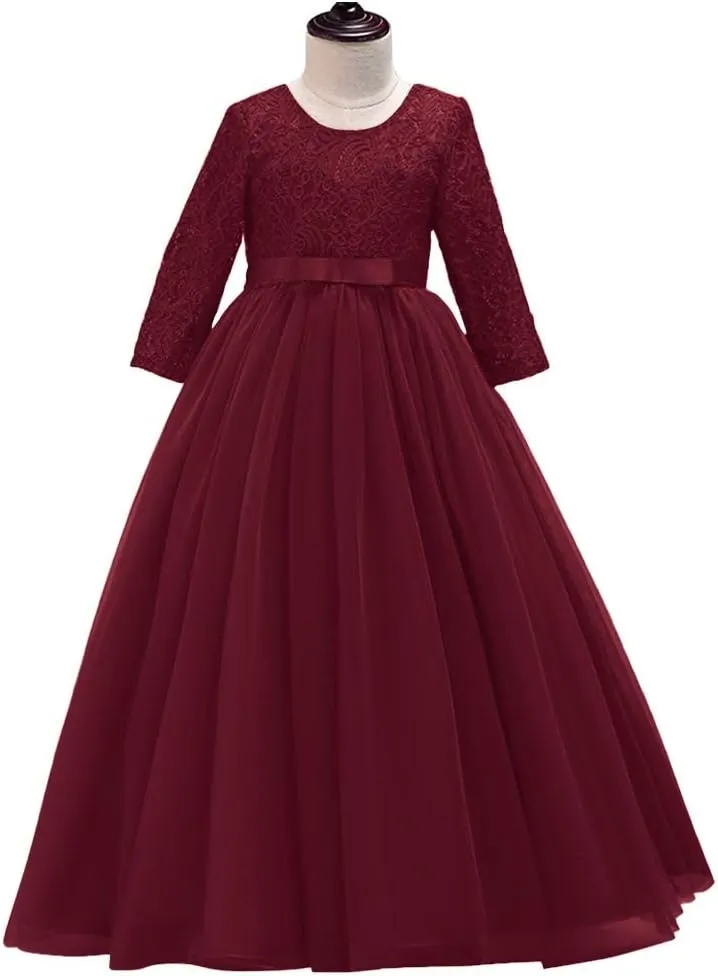 Flower Girls 3/4 Sleeve Deep V-Back Tulle Vintage Lace Wedding Party Long Dress Princess Communion Pageant Maxi Gown