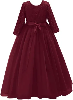 Flower Girls 3/4 Sleeve Deep V-Back Tulle Vintage Lace Wedding Party Long Dress Princess Communion Pageant Maxi Gown