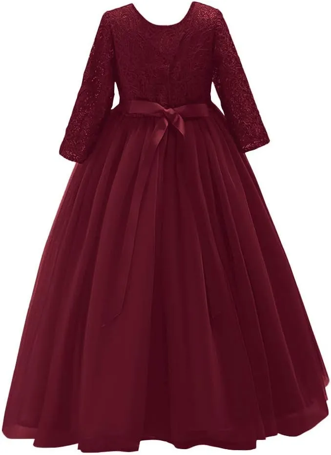 Flower Girls 3/4 Sleeve Deep V-Back Tulle Vintage Lace Wedding Party Long Dress Princess Communion Pageant Maxi Gown