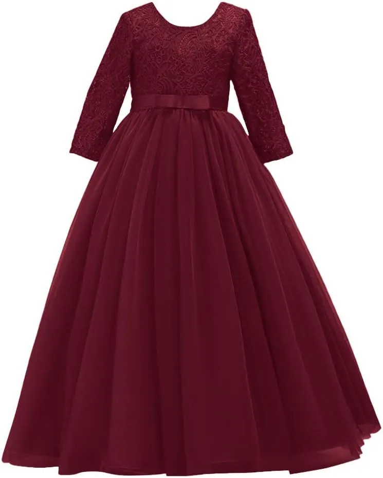 Flower Girls 3/4 Sleeve Deep V-Back Tulle Vintage Lace Wedding Party Long Dress Princess Communion Pageant Maxi Gown