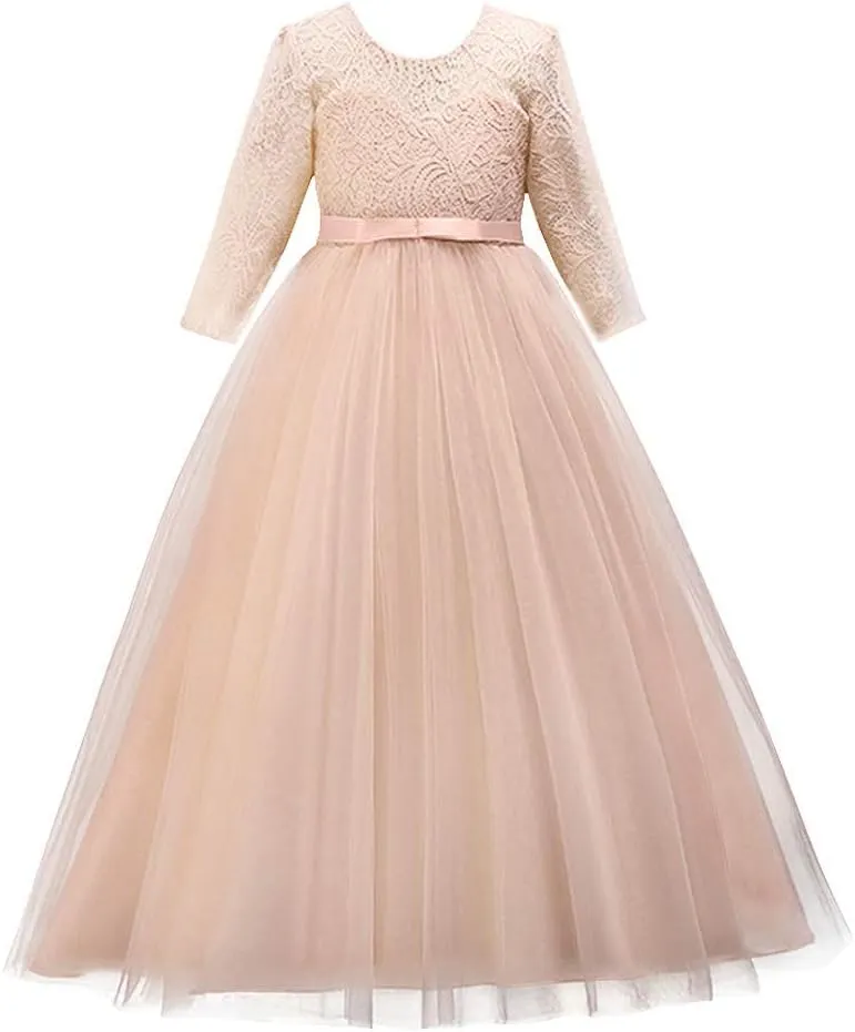 Flower Girls 3/4 Sleeve Deep V-Back Tulle Vintage Lace Wedding Party Long Dress Princess Communion Pageant Maxi Gown