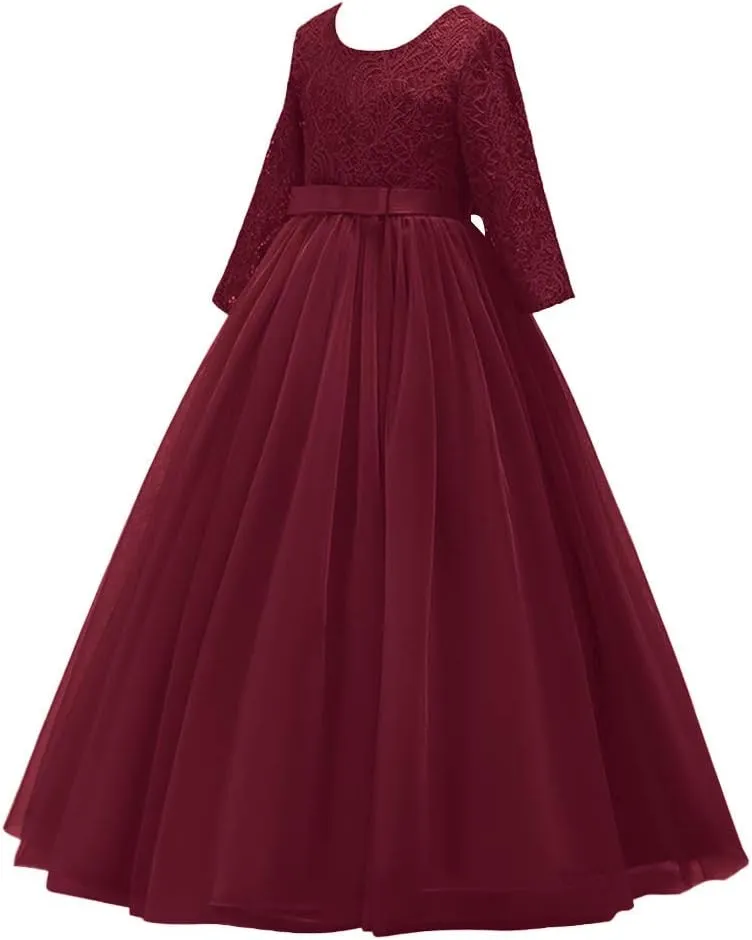 Flower Girls 3/4 Sleeve Deep V-Back Tulle Vintage Lace Wedding Party Long Dress Princess Communion Pageant Maxi Gown