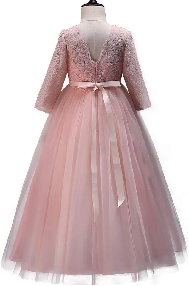 Flower Girls 3/4 Sleeve Deep V-Back Tulle Vintage Lace Wedding Party Long Dress Princess Communion Pageant Maxi Gown
