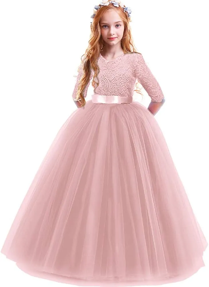 Flower Girls 3/4 Sleeve Deep V-Back Tulle Vintage Lace Wedding Party Long Dress Princess Communion Pageant Maxi Gown