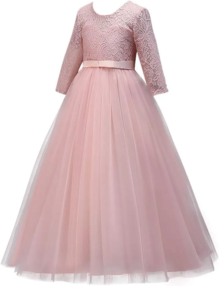 Flower Girls 3/4 Sleeve Deep V-Back Tulle Vintage Lace Wedding Party Long Dress Princess Communion Pageant Maxi Gown