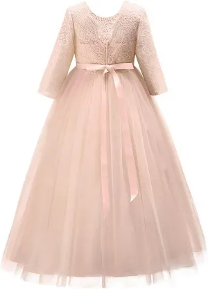 Flower Girls 3/4 Sleeve Deep V-Back Tulle Vintage Lace Wedding Party Long Dress Princess Communion Pageant Maxi Gown
