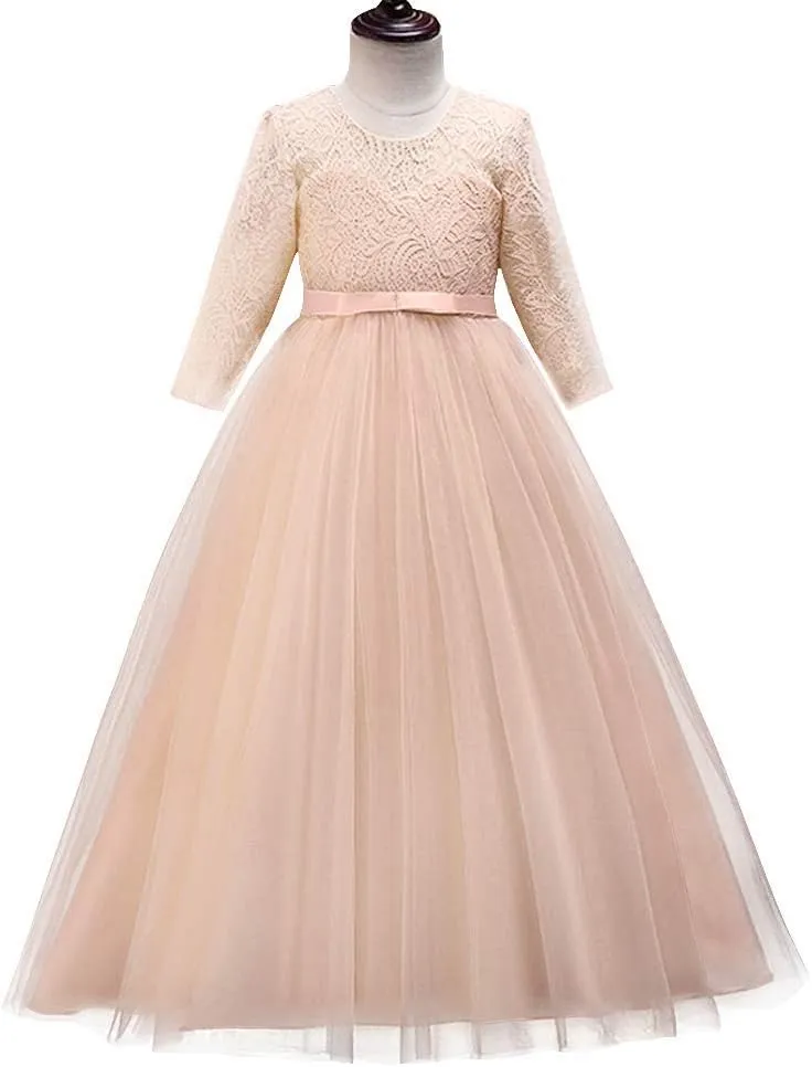 Flower Girls 3/4 Sleeve Deep V-Back Tulle Vintage Lace Wedding Party Long Dress Princess Communion Pageant Maxi Gown