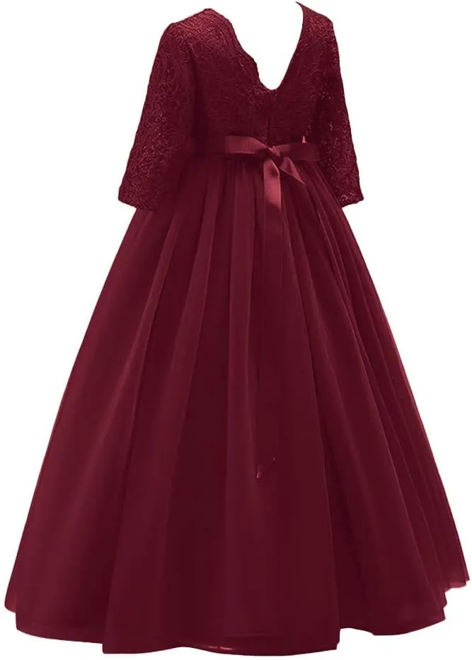 Flower Girls 3/4 Sleeve Deep V-Back Tulle Vintage Lace Wedding Party Long Dress Princess Communion Pageant Maxi Gown
