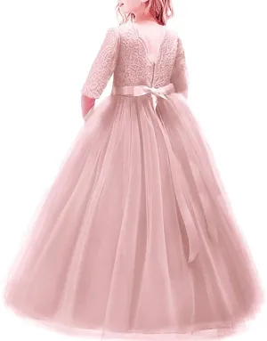 Flower Girls 3/4 Sleeve Deep V-Back Tulle Vintage Lace Wedding Party Long Dress Princess Communion Pageant Maxi Gown