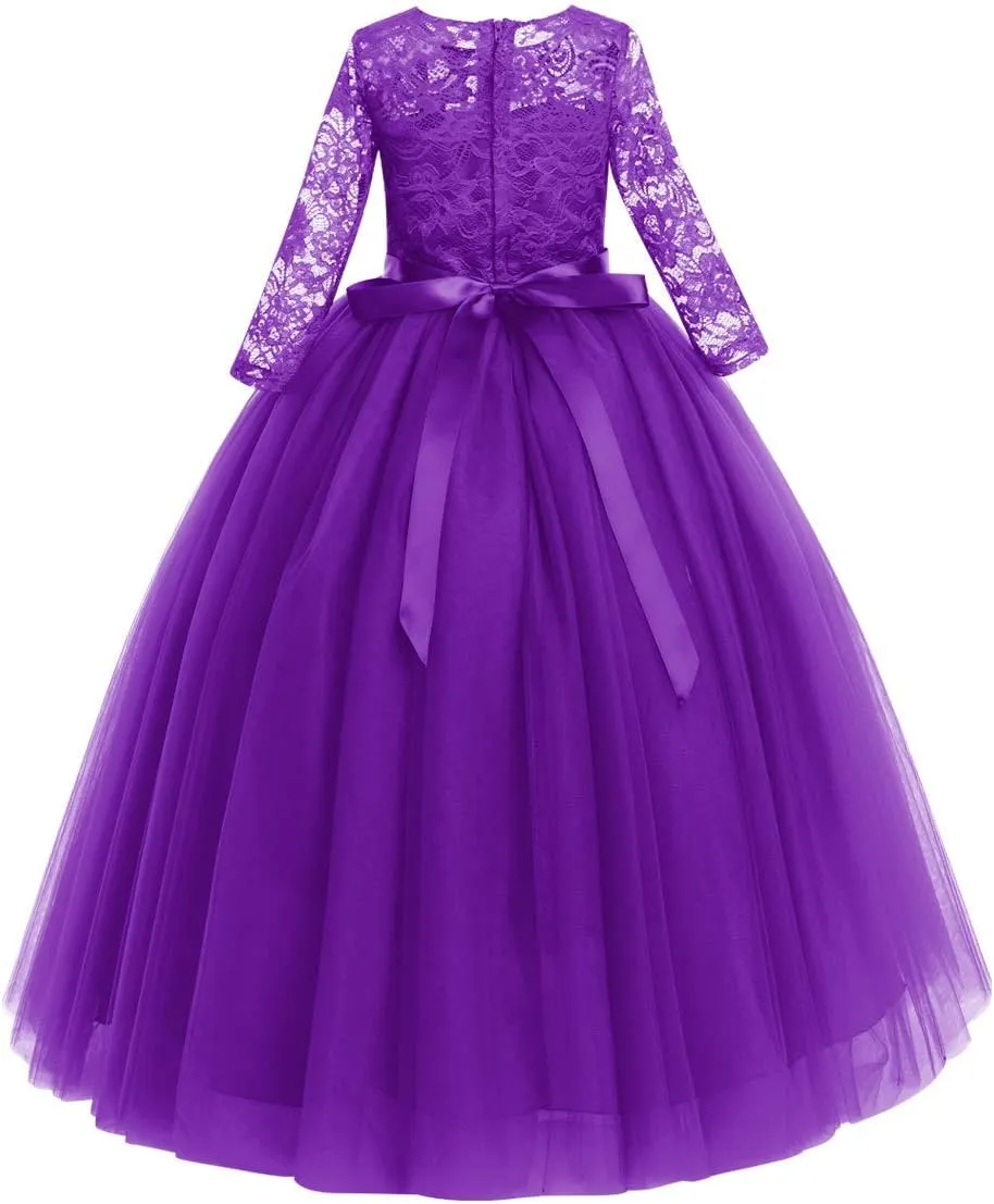 Flower Girls Long Floral Boho Lace Wedding Bridesmaid Dress 3/4 Sleeves Princess Puffy Maxi Tulle Pageant Formal Party Gowns