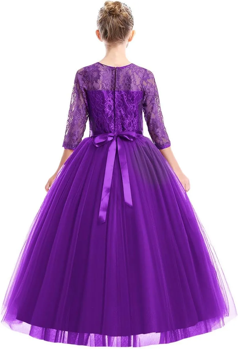 Flower Girls Long Floral Boho Lace Wedding Bridesmaid Dress 3/4 Sleeves Princess Puffy Maxi Tulle Pageant Formal Party Gowns