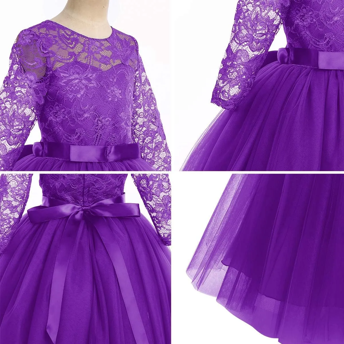 Flower Girls Long Floral Boho Lace Wedding Bridesmaid Dress 3/4 Sleeves Princess Puffy Maxi Tulle Pageant Formal Party Gowns