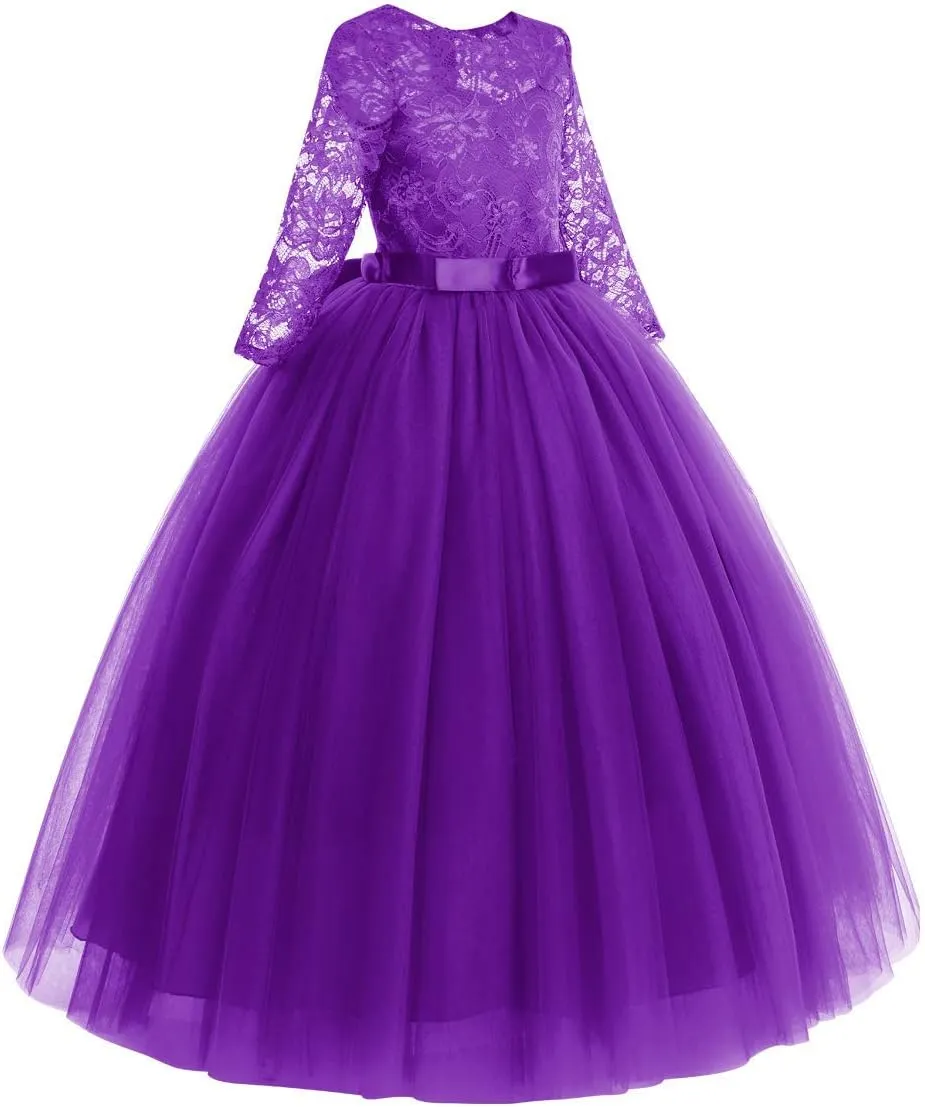 Flower Girls Long Floral Boho Lace Wedding Bridesmaid Dress 3/4 Sleeves Princess Puffy Maxi Tulle Pageant Formal Party Gowns