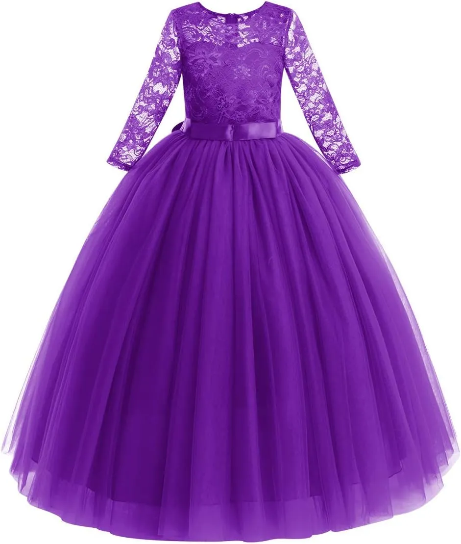 Flower Girls Long Floral Boho Lace Wedding Bridesmaid Dress 3/4 Sleeves Princess Puffy Maxi Tulle Pageant Formal Party Gowns