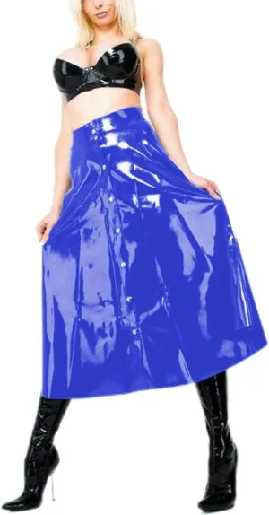 Gothic Women Wet Look PVC Leather Skirt Full Front Buttons A-line Skirts High Waist Latex Look Circle Midi Skirt Clubwear