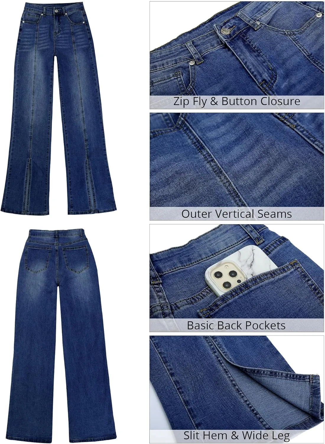 GRAPENT Womens Flare Jeans High Waisted Wide Leg Baggy Jean for Women Split Hem Stretch Denim Pants