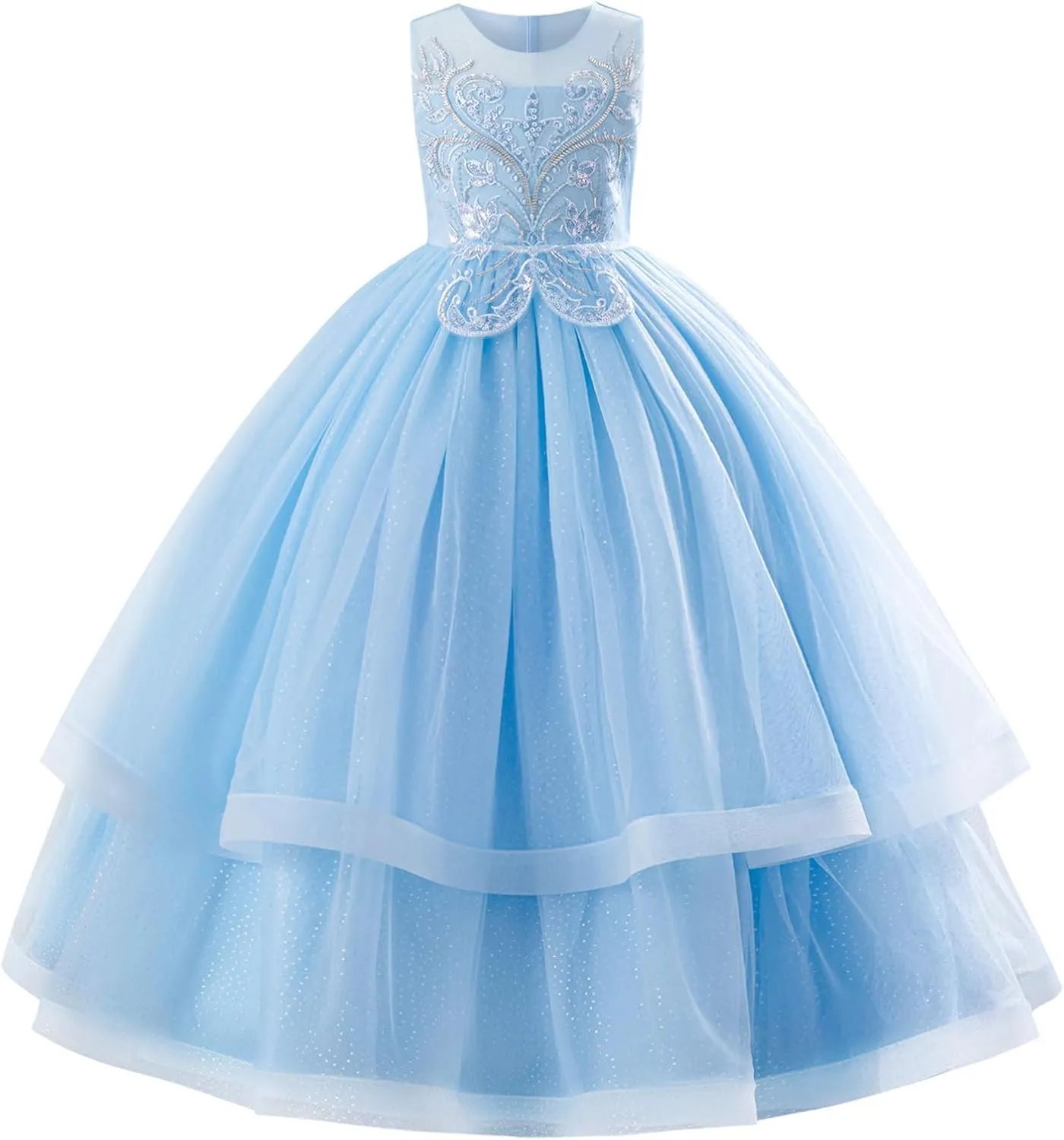 IDOPIP Flower Girl Sequin Appliques Dress for Kids Wedding Pageant Party Long Gown Princess Birthday Communion Tulle Dresses