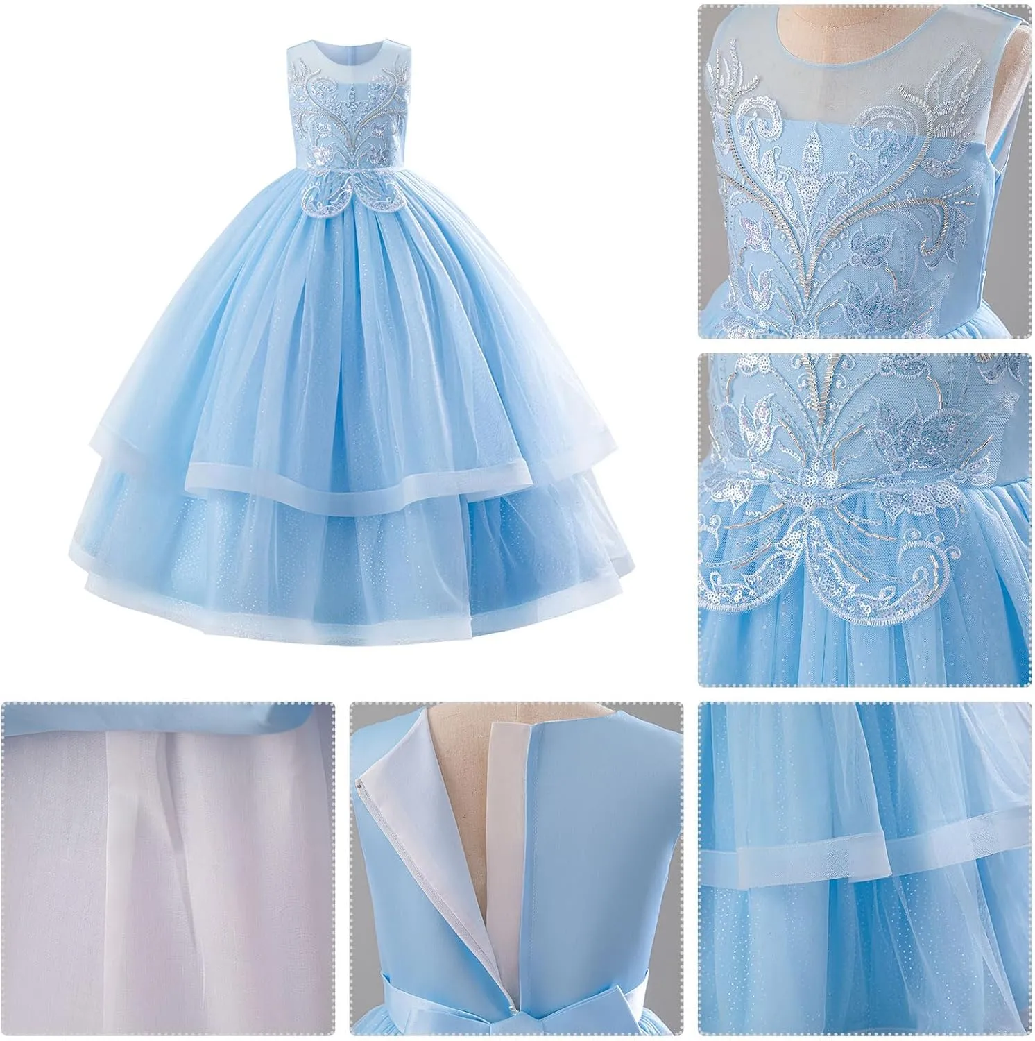 IDOPIP Flower Girl Sequin Appliques Dress for Kids Wedding Pageant Party Long Gown Princess Birthday Communion Tulle Dresses