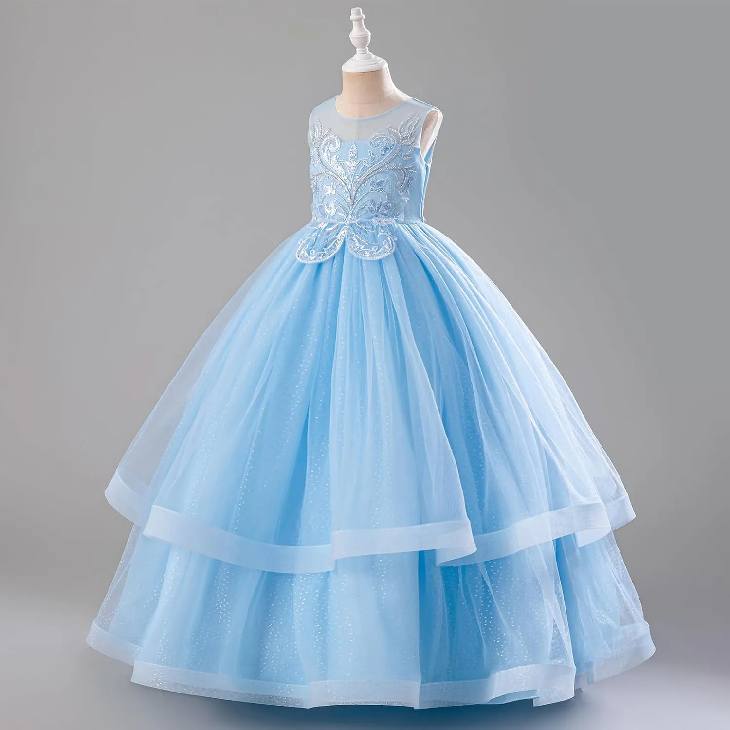 IDOPIP Flower Girl Sequin Appliques Dress for Kids Wedding Pageant Party Long Gown Princess Birthday Communion Tulle Dresses