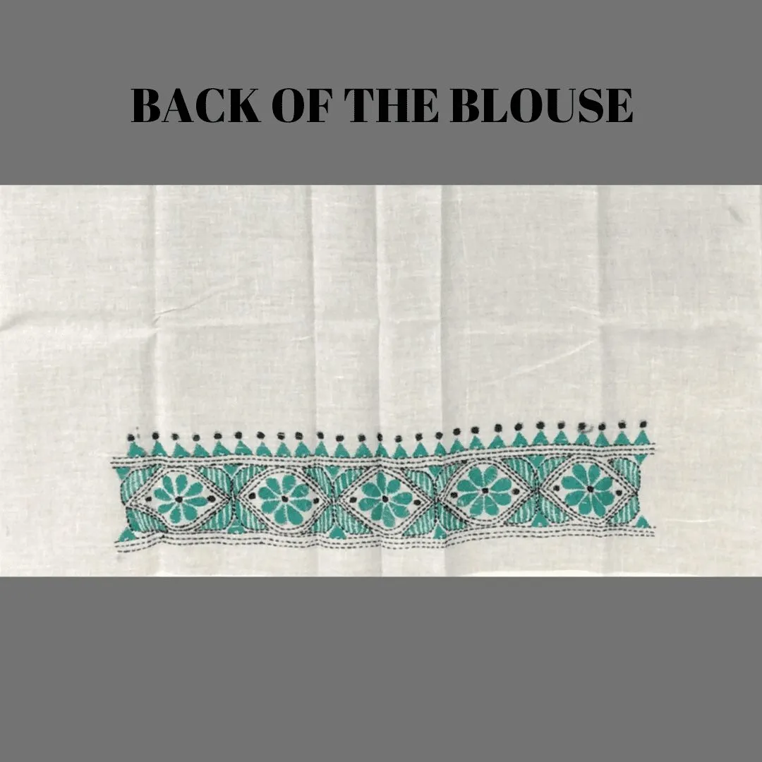 Indiva Handcrafted White & Green Kantha Blouse Piece